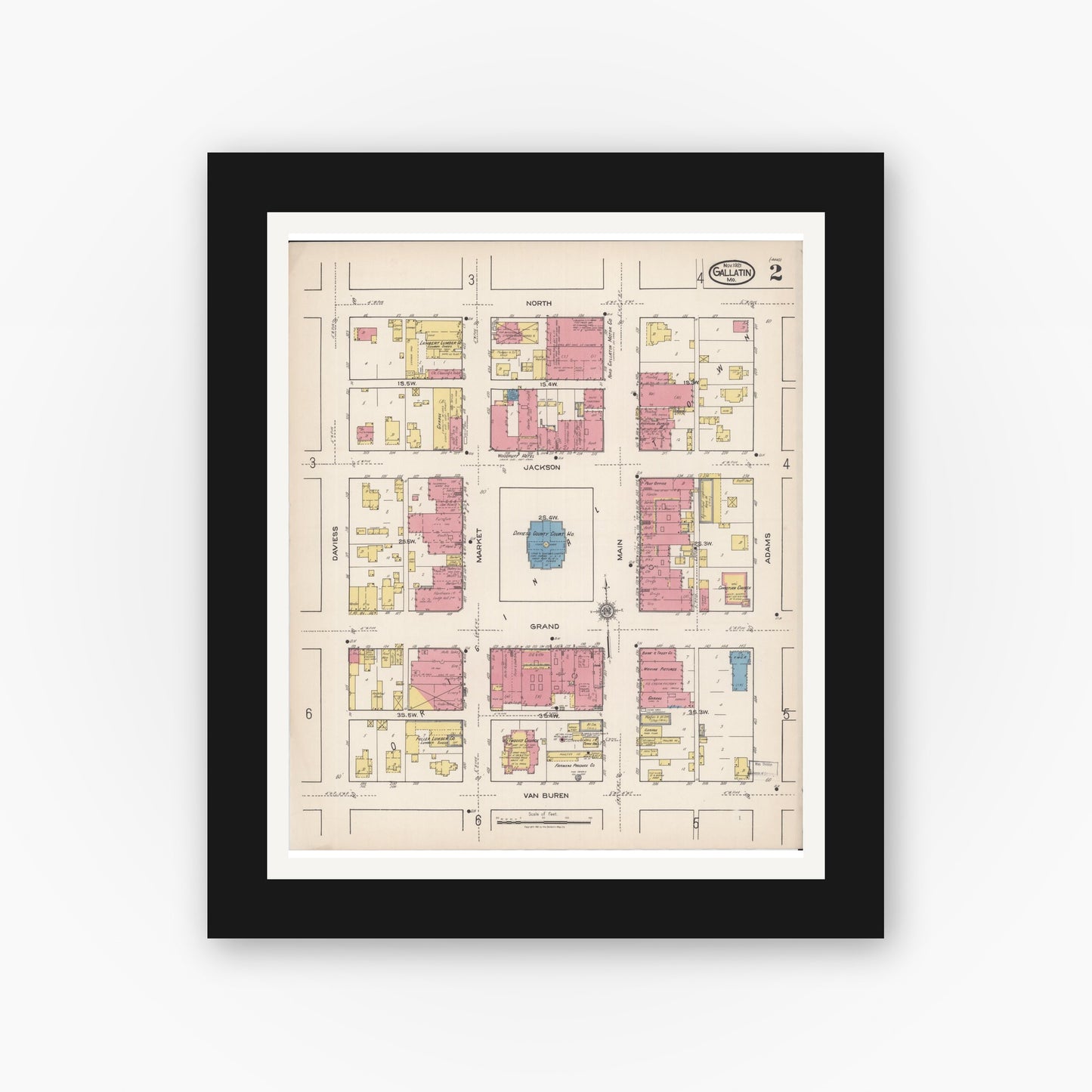 Old map wall art mockup — black gallery frame with white mat — Sanborn Fire Insurance Map from Gallatin, Daviess County, Missouri (1921), Sheet #0002