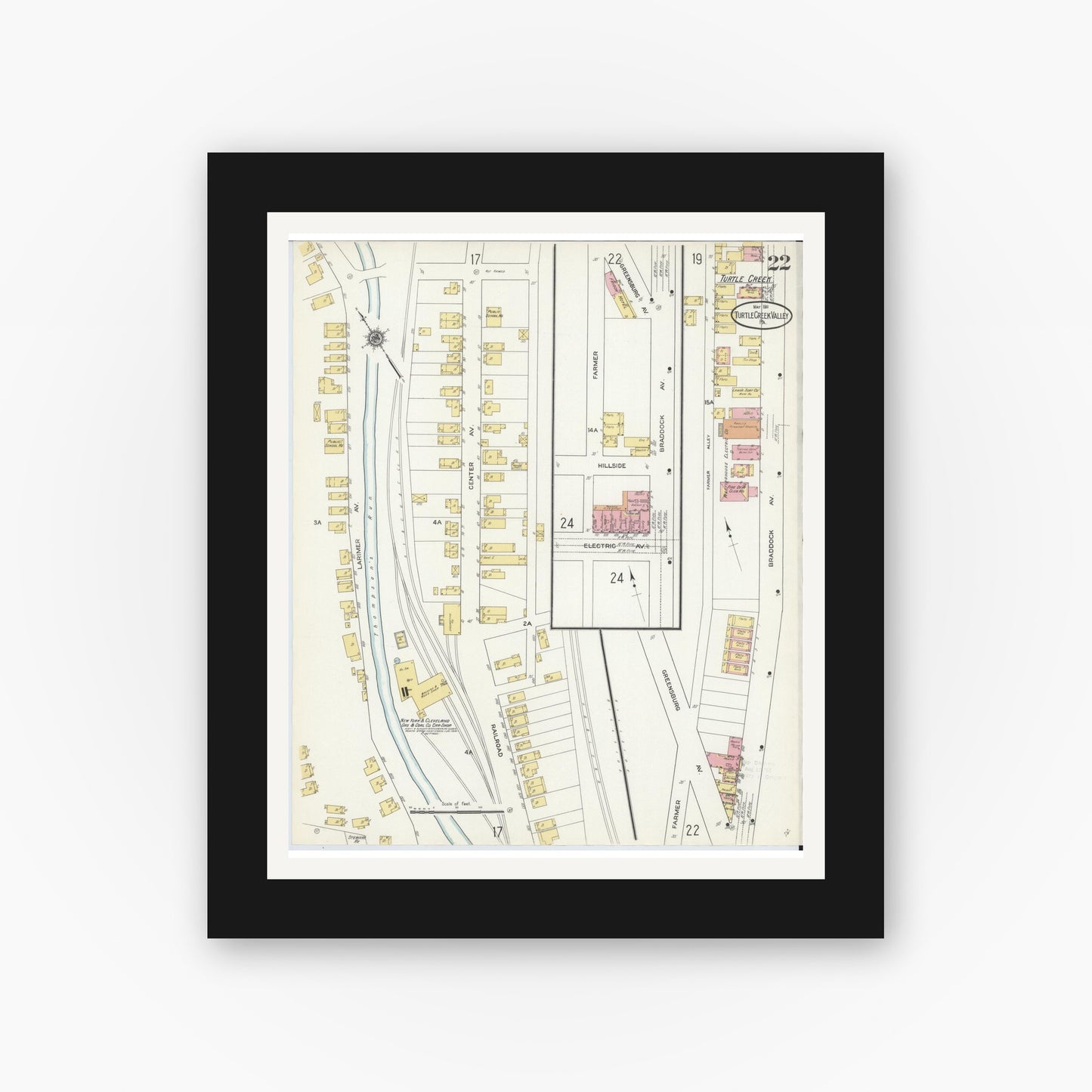 Old map wall art mockup — black gallery frame with white mat — Sanborn Fire Insurance Map from Turtle Creek Valley, Allegheny County, Pennsylvania (1911), Sheet #0022