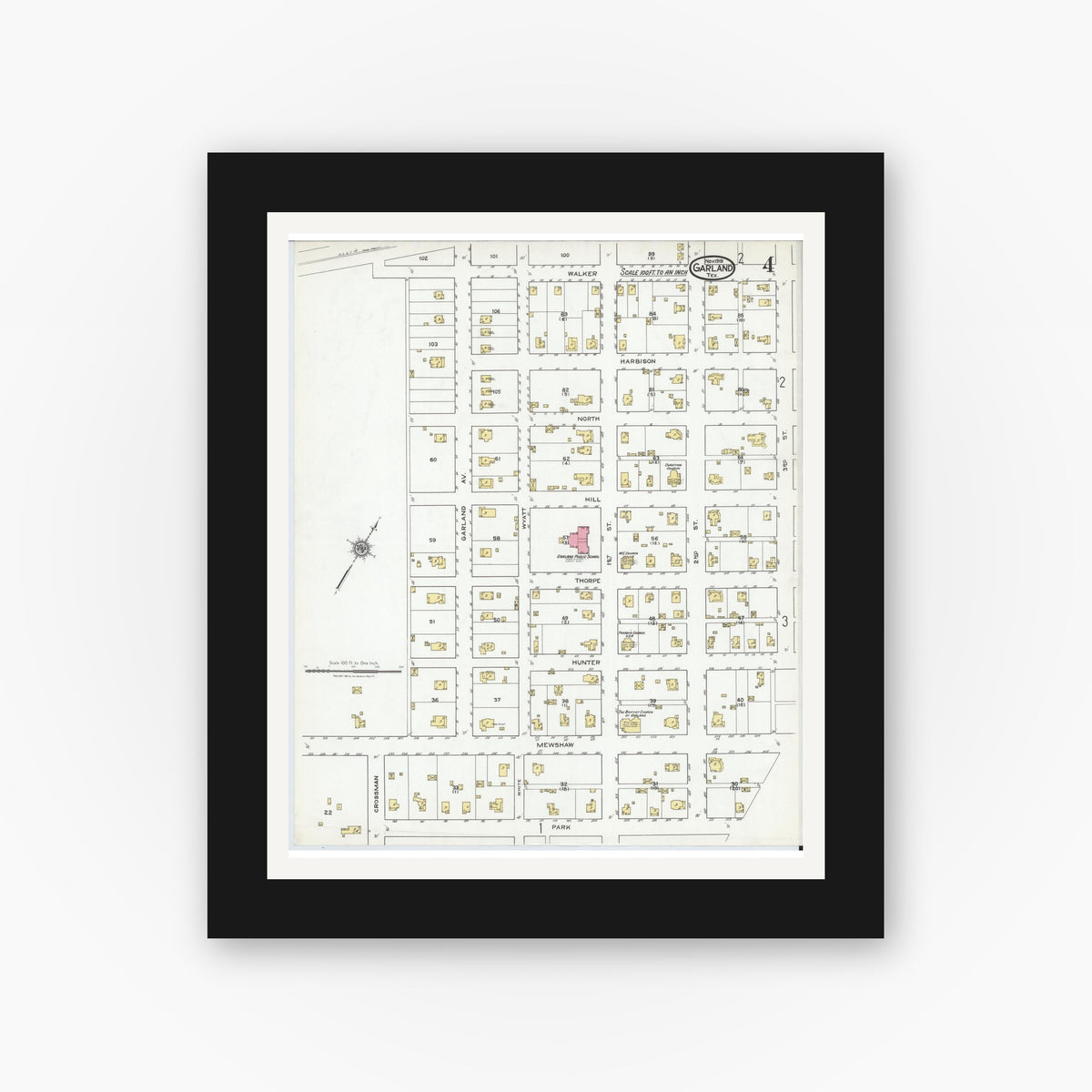 Old map wall art mockup — black gallery frame with white mat — Sanborn Fire Insurance Map from Garland, Dallas County, Texas (1919), Sheet #0004
