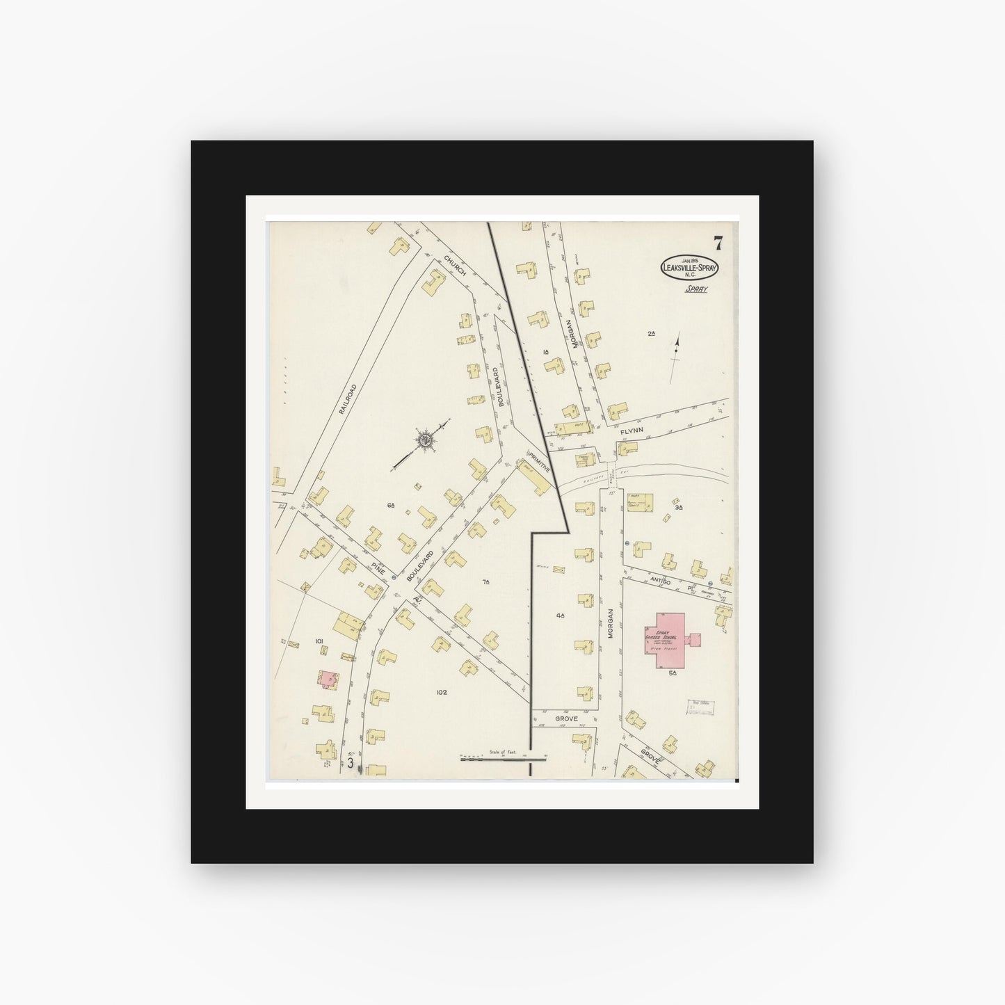 Old map wall art mockup — black gallery frame with white mat — Sanborn Fire Insurance Map from Leaksville-spray, Rockingham County, North Carolina (1915), Sheet #0007