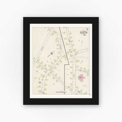 Old map wall art mockup — black gallery frame with white mat — Sanborn Fire Insurance Map from Leaksville-spray, Rockingham County, North Carolina (1915), Sheet #0007
