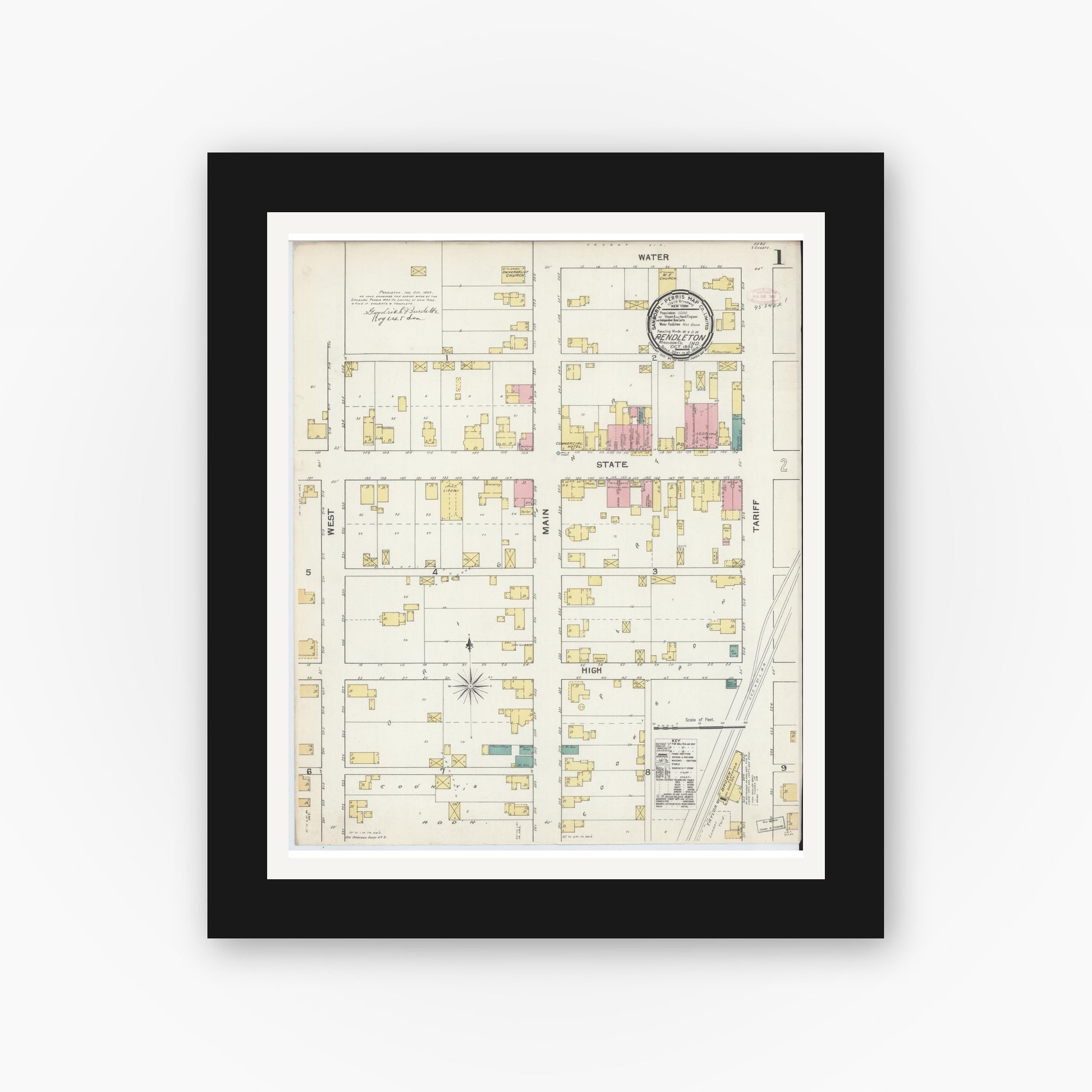 Old map wall art mockup — black gallery frame with white mat — Sanborn Fire Insurance Map from Pendleton, Madison County, Indiana (1892) - Complete Map Set