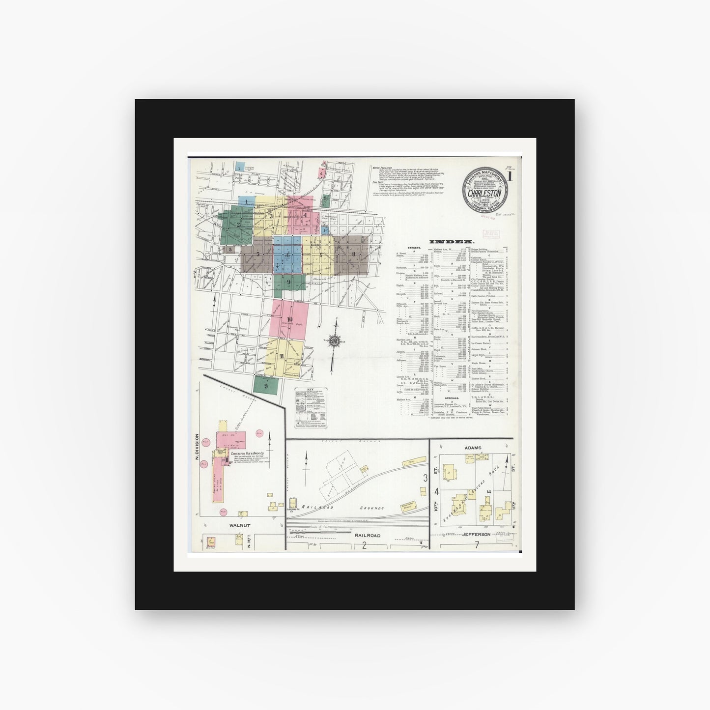 Old map wall art mockup — black gallery frame with white mat — Sanborn Fire Insurance Map from Charleston, Coles County, Illinois (1910) - Complete Map Set