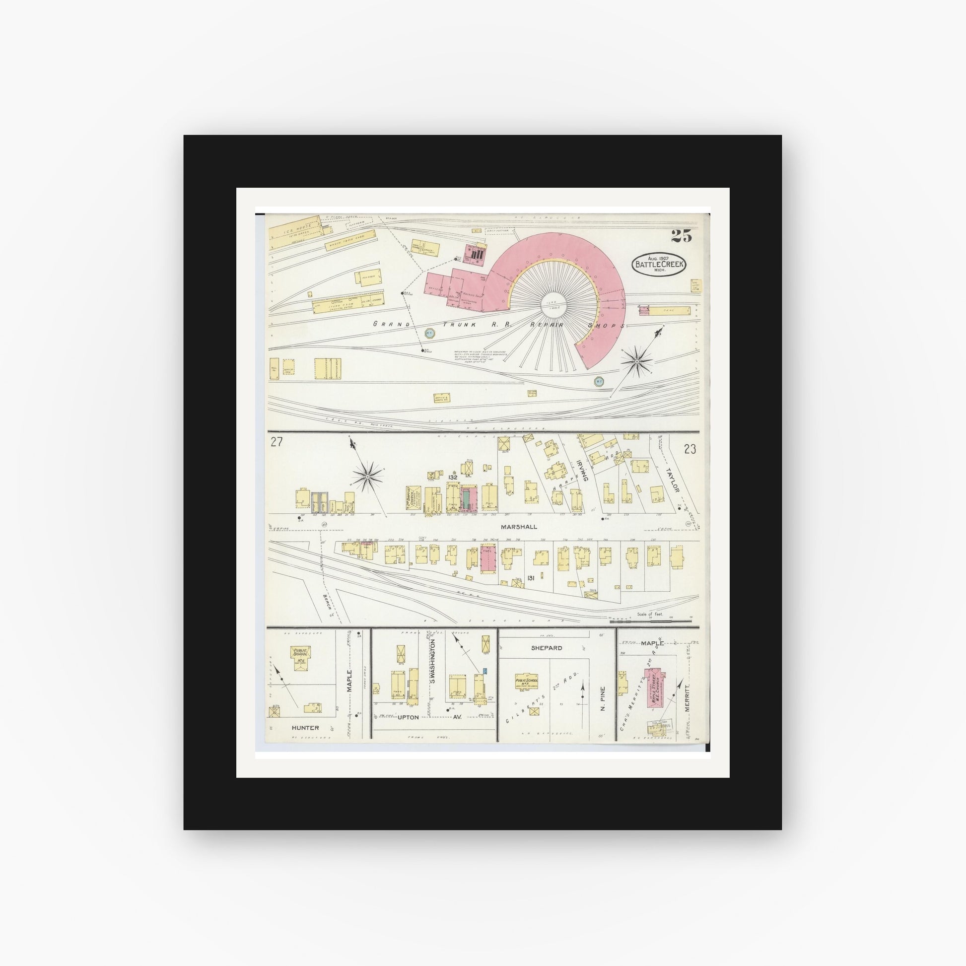 Old map wall art mockup — black gallery frame with white mat — Sanborn Fire Insurance Map from Battle Creek, Calhoun County, Michigan (1907), Sheet #0025