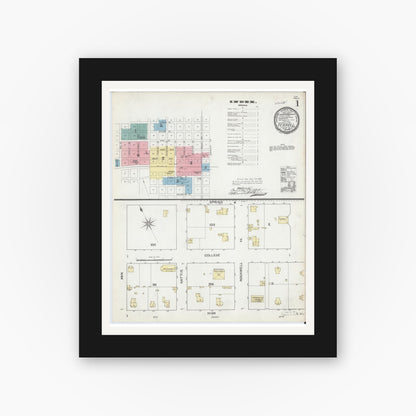Old map wall art mockup — black gallery frame with white mat — Sanborn Fire Insurance Map from Terrell, Kaufman County, Texas (1892), Sheet #0001