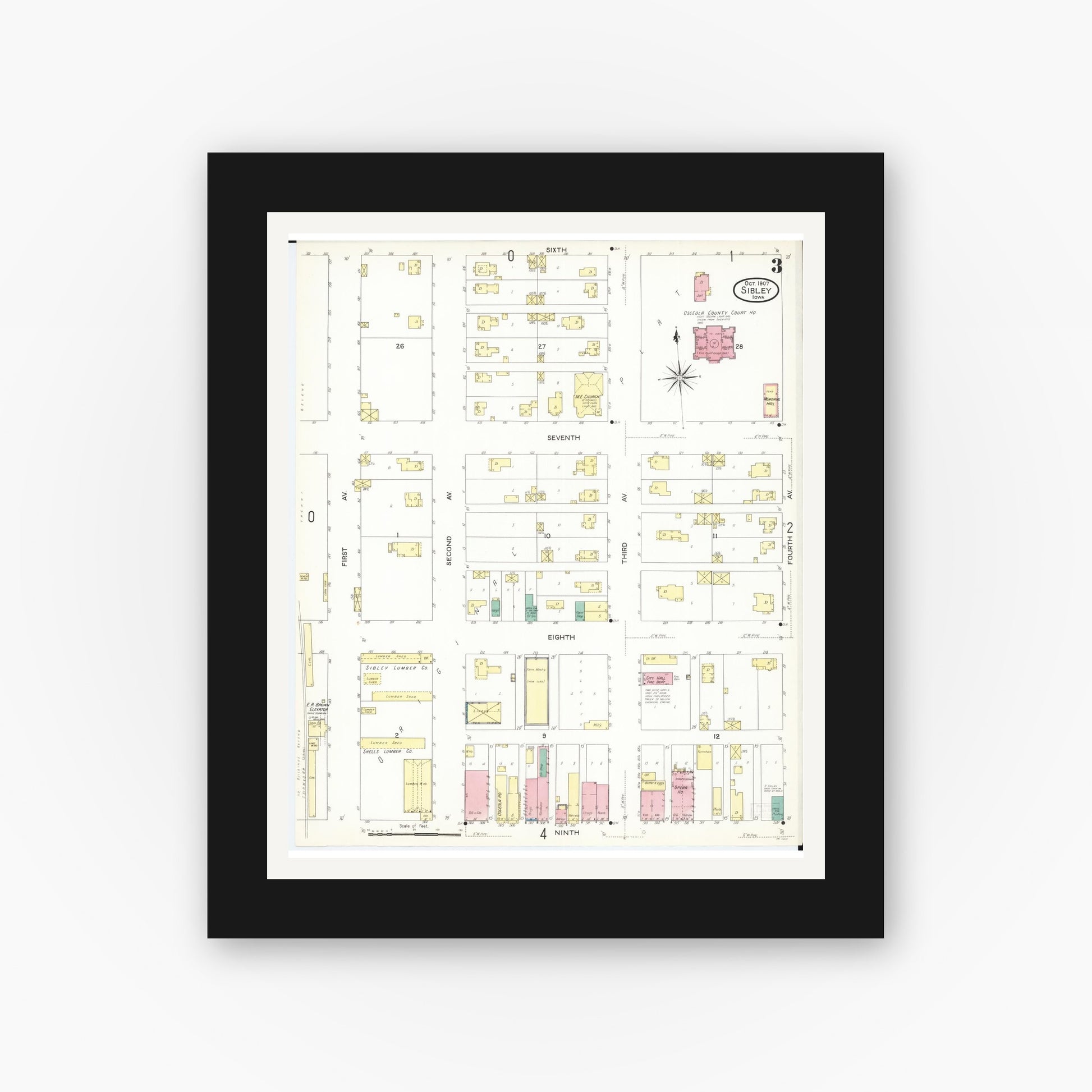 Old map wall art mockup — black gallery frame with white mat — Sanborn Fire Insurance Map from Sibley, Osceola County, Iowa (1907), Sheet #0003