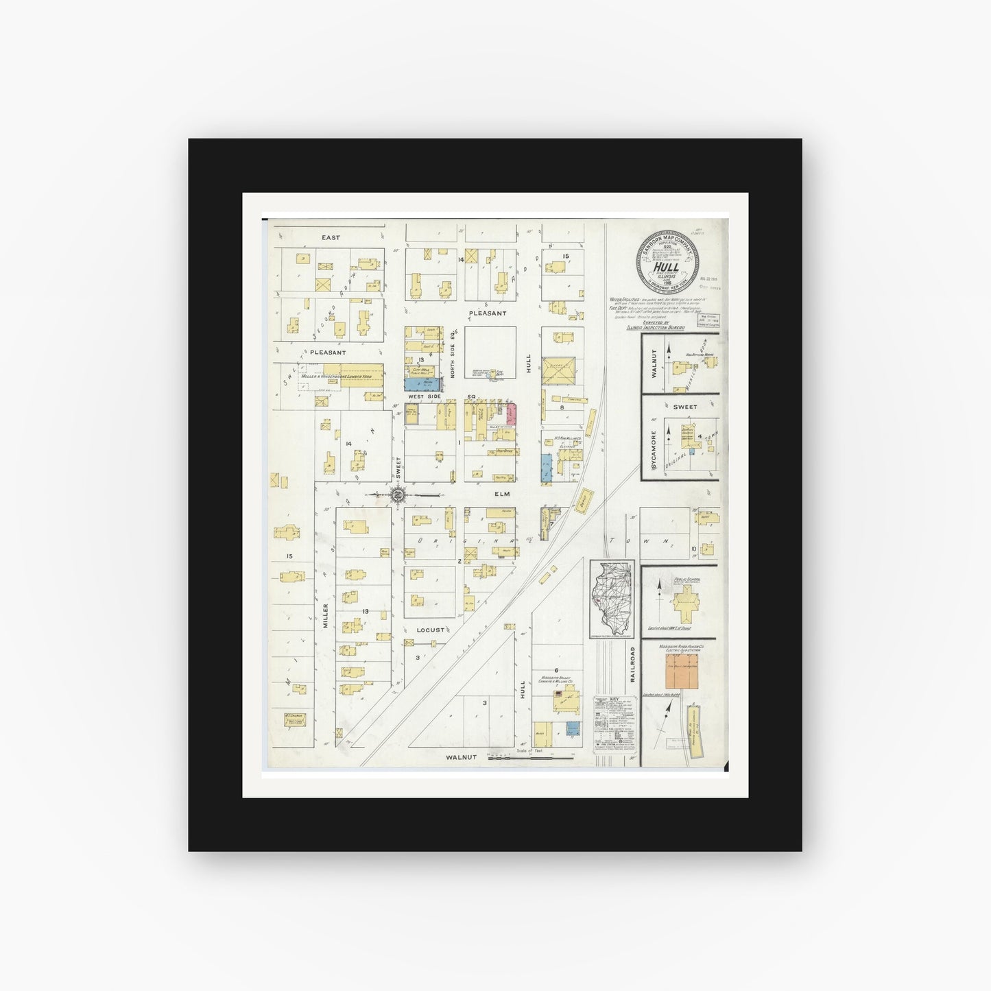 Old map wall art mockup — black gallery frame with white mat — Sanborn Fire Insurance Map from Hull, Pike County, Illinois (1916), Sheet #0001