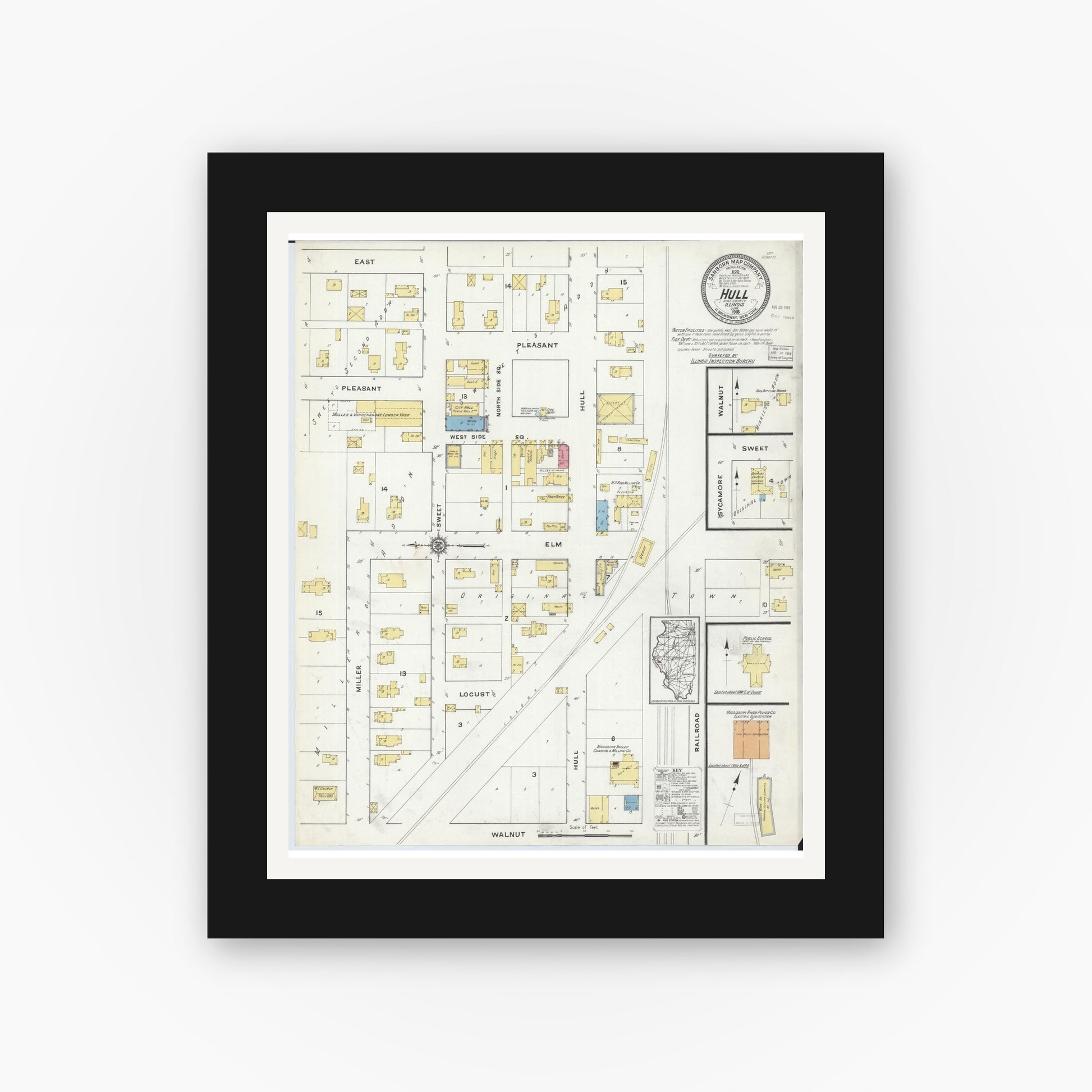 Old map wall art mockup — black gallery frame with white mat — Sanborn Fire Insurance Map from Hull, Pike County, Illinois (1916), Sheet #0001
