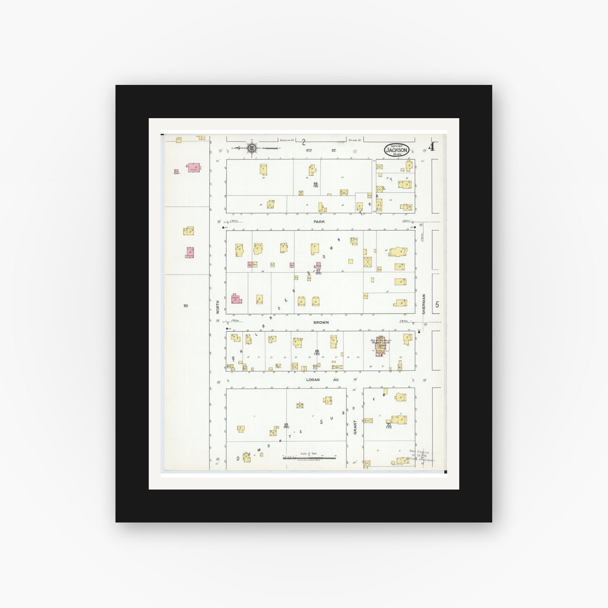 Old map wall art mockup — black gallery frame with white mat — Sanborn Fire Insurance Map from Jackson, Jackson County, Minnesota (1917), Sheet #0004