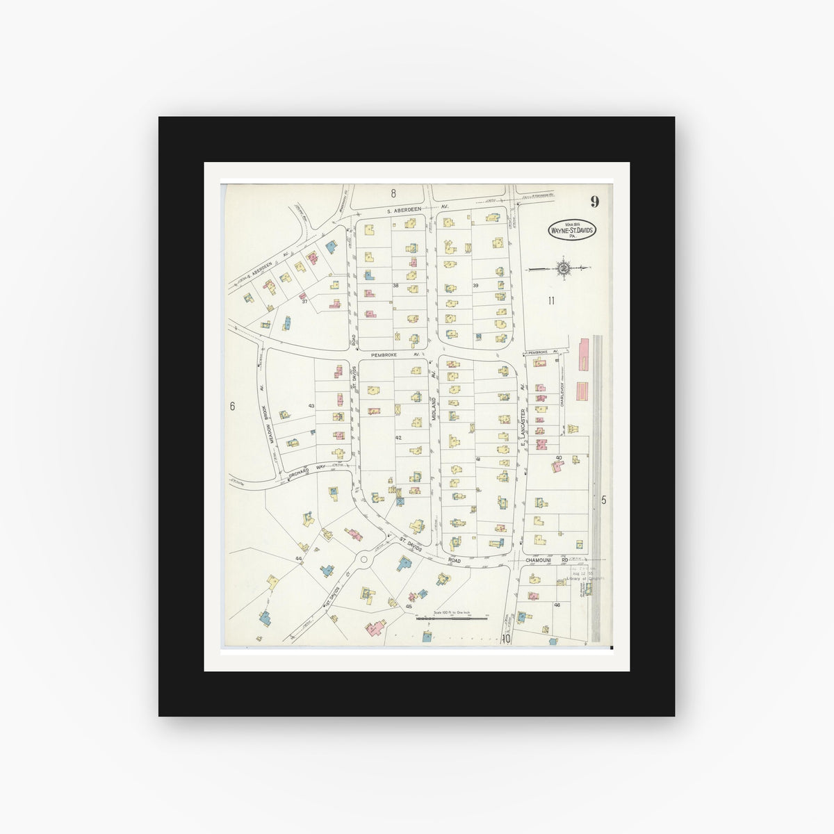 Old map wall art mockup — black gallery frame with white mat — Sanborn Fire Insurance Map from Wayne, Delaware County, Pennsylvania (1914), Sheet #0009