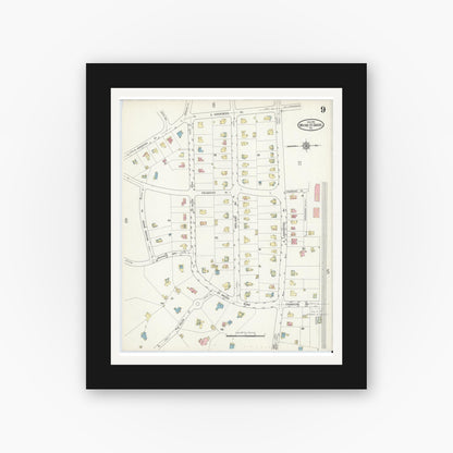 Old map wall art mockup — black gallery frame with white mat — Sanborn Fire Insurance Map from Wayne, Delaware County, Pennsylvania (1914), Sheet #0009