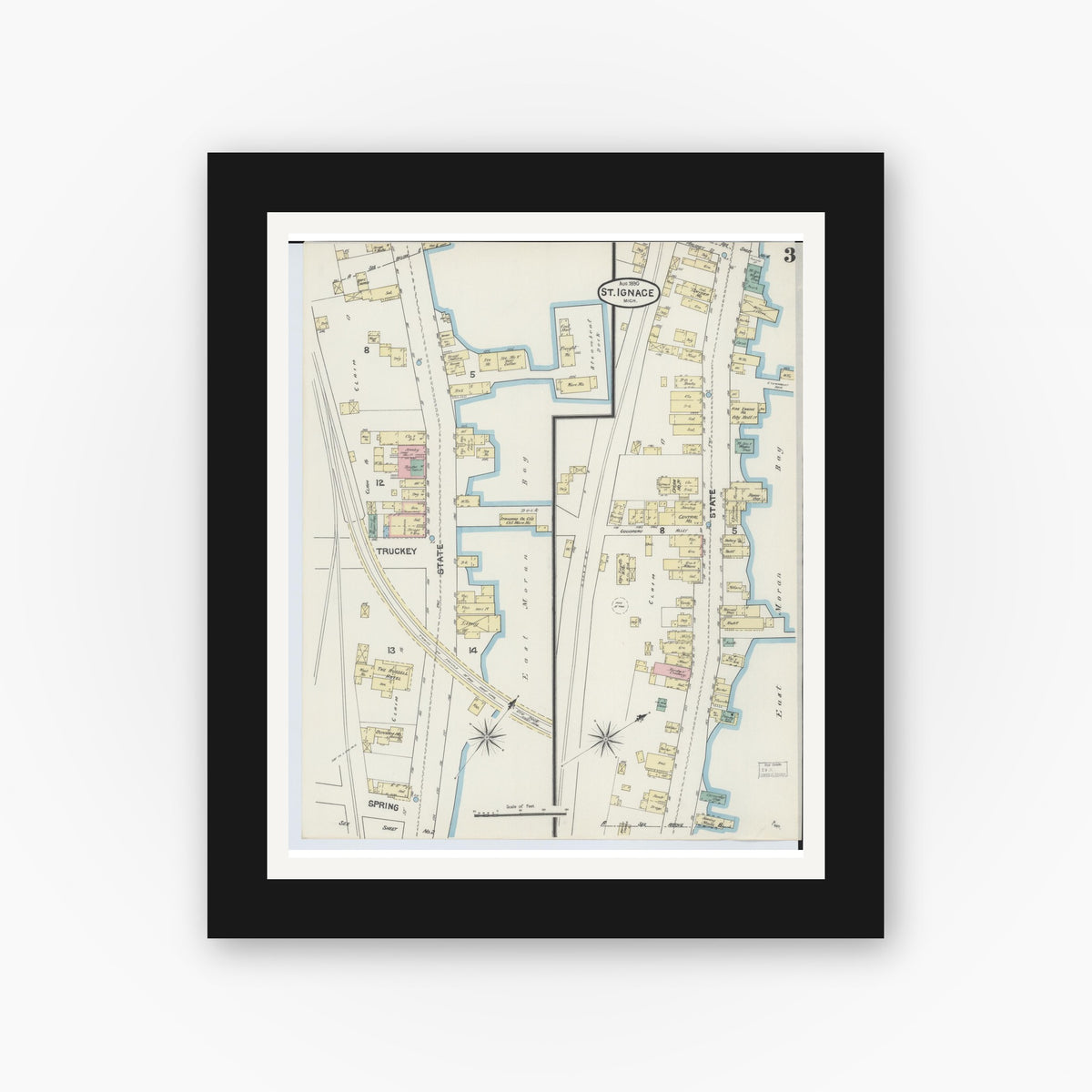 Old map wall art mockup — black gallery frame with white mat — Sanborn Fire Insurance Map from Saint Ignace, Mackinac County, Michigan (1890), Sheet #0003
