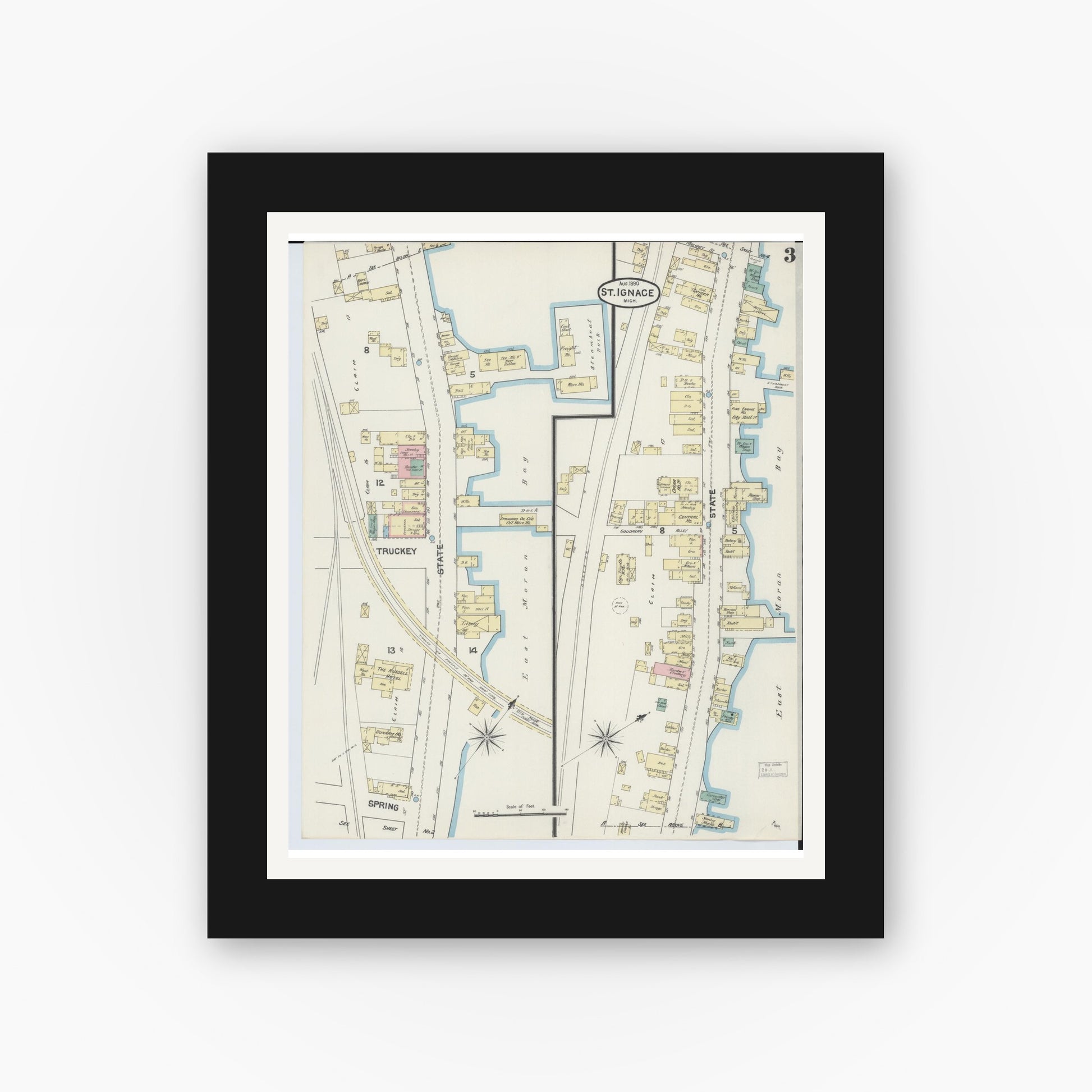Old map wall art mockup — black gallery frame with white mat — Sanborn Fire Insurance Map from Saint Ignace, Mackinac County, Michigan (1890), Sheet #0003