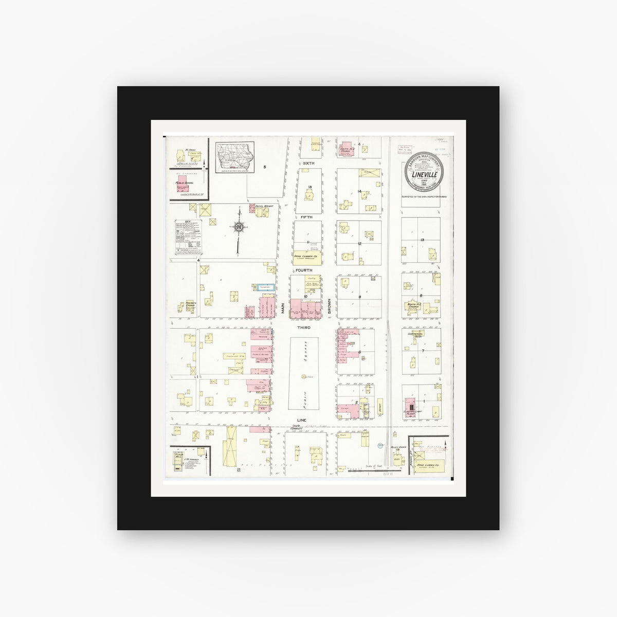 Old map wall art mockup — black gallery frame with white mat — Sanborn Fire Insurance Map from Lineville, Wayne County, Iowa (1914), Sheet #0001