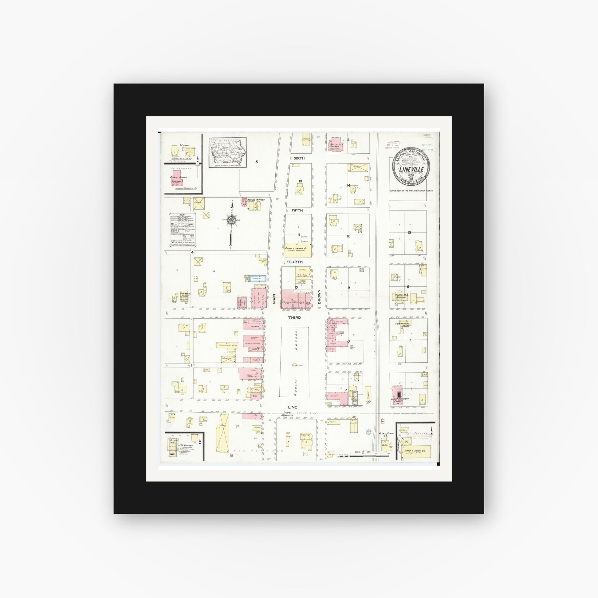 Old map wall art mockup — black gallery frame with white mat — Sanborn Fire Insurance Map from Lineville, Wayne County, Iowa (1914), Sheet #0001