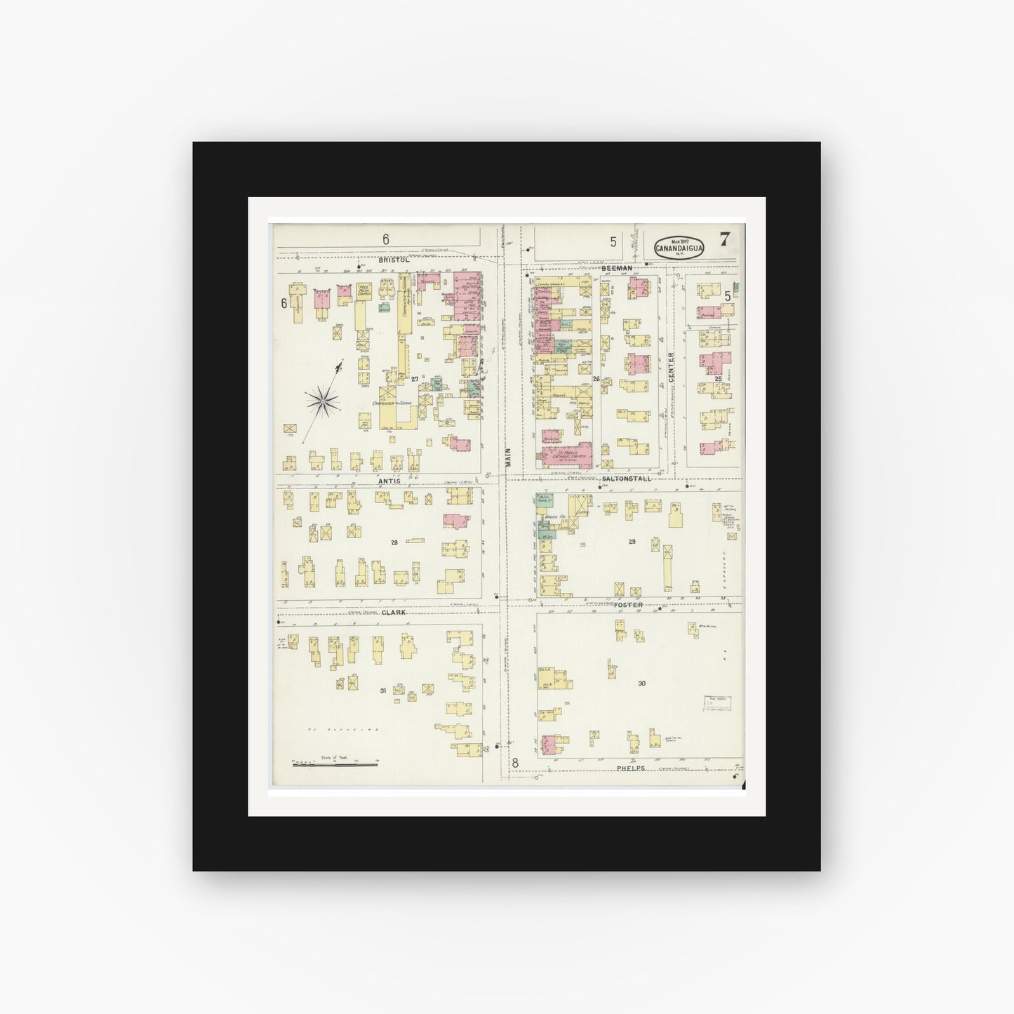 Old map wall art mockup — black gallery frame with white mat — Sanborn Fire Insurance Map from Canandaigua, Ontario County, New York (1897), Sheet #0007