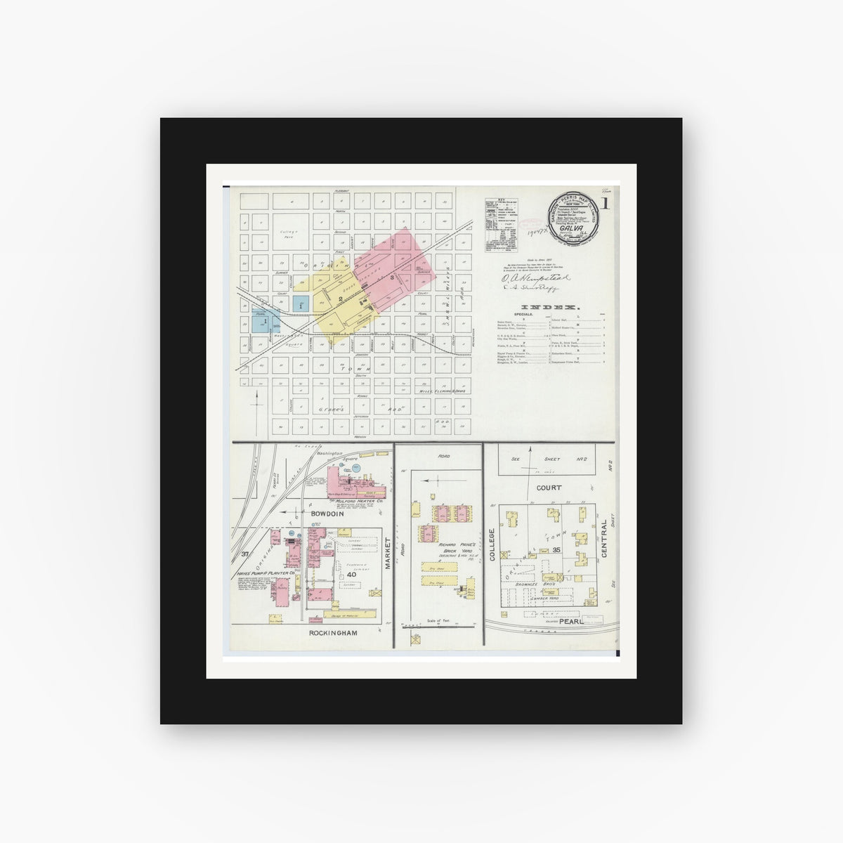 Old map wall art mockup — black gallery frame with white mat — Sanborn Fire Insurance Map from Galva, Henry County, Illinois (1892) - Complete Map Set