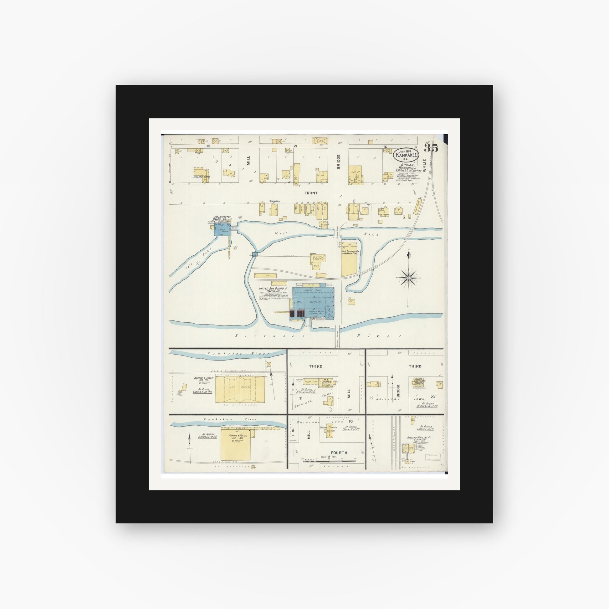 Old map wall art mockup — black gallery frame with white mat — Sanborn Fire Insurance Map from Kankakee, Kankakee County, Illinois (1907), Sheet #0035