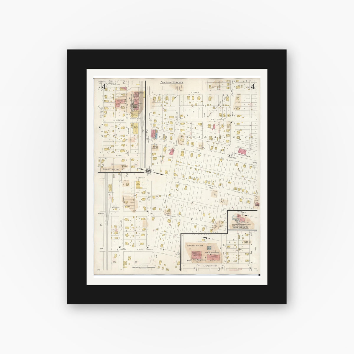 Old map wall art mockup — black gallery frame with white mat — Sanborn Fire Insurance Map from Monroe City, Monroe County, Missouri (1943), Sheet #0004