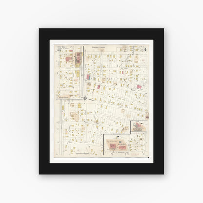 Old map wall art mockup — black gallery frame with white mat — Sanborn Fire Insurance Map from Monroe City, Monroe County, Missouri (1943), Sheet #0004