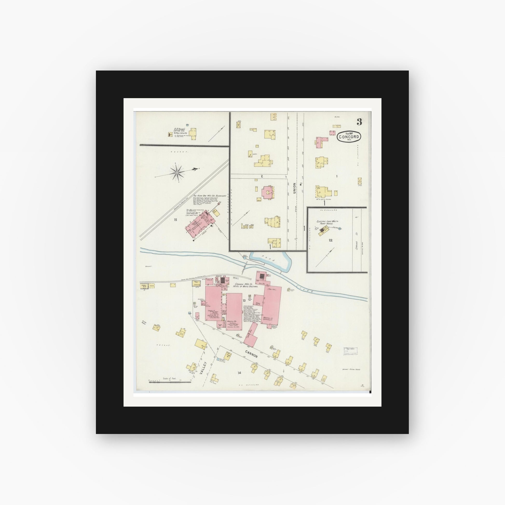 Old map wall art mockup — black gallery frame with white mat — Sanborn Fire Insurance Map from Concord, Cabarrus County, North Carolina (1897), Sheet #0003