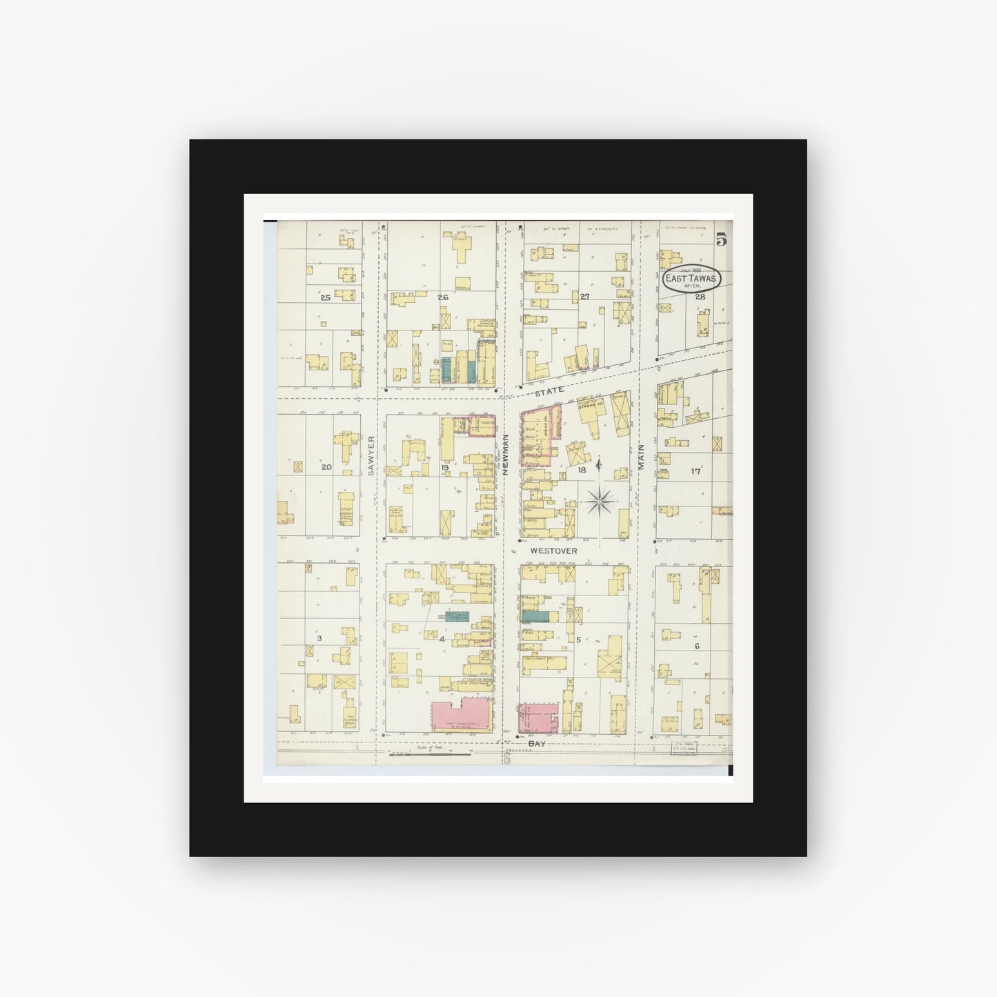 Old map wall art mockup — black gallery frame with white mat — Sanborn Fire Insurance Map from East Tawas, Iosco County, Michigan (1893), Sheet #0005