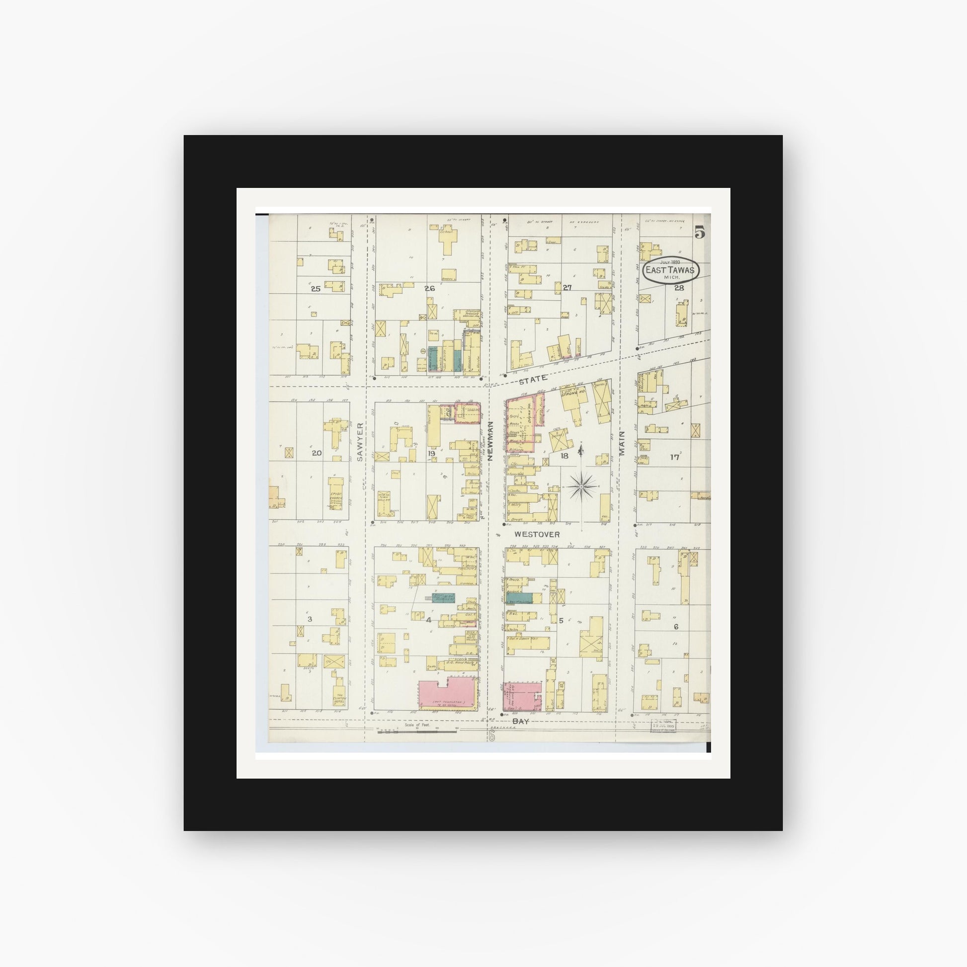 Old map wall art mockup — black gallery frame with white mat — Sanborn Fire Insurance Map from East Tawas, Iosco County, Michigan (1893), Sheet #0005