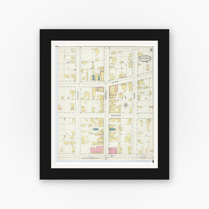 Old map wall art mockup — black gallery frame with white mat — Sanborn Fire Insurance Map from East Tawas, Iosco County, Michigan (1893), Sheet #0005