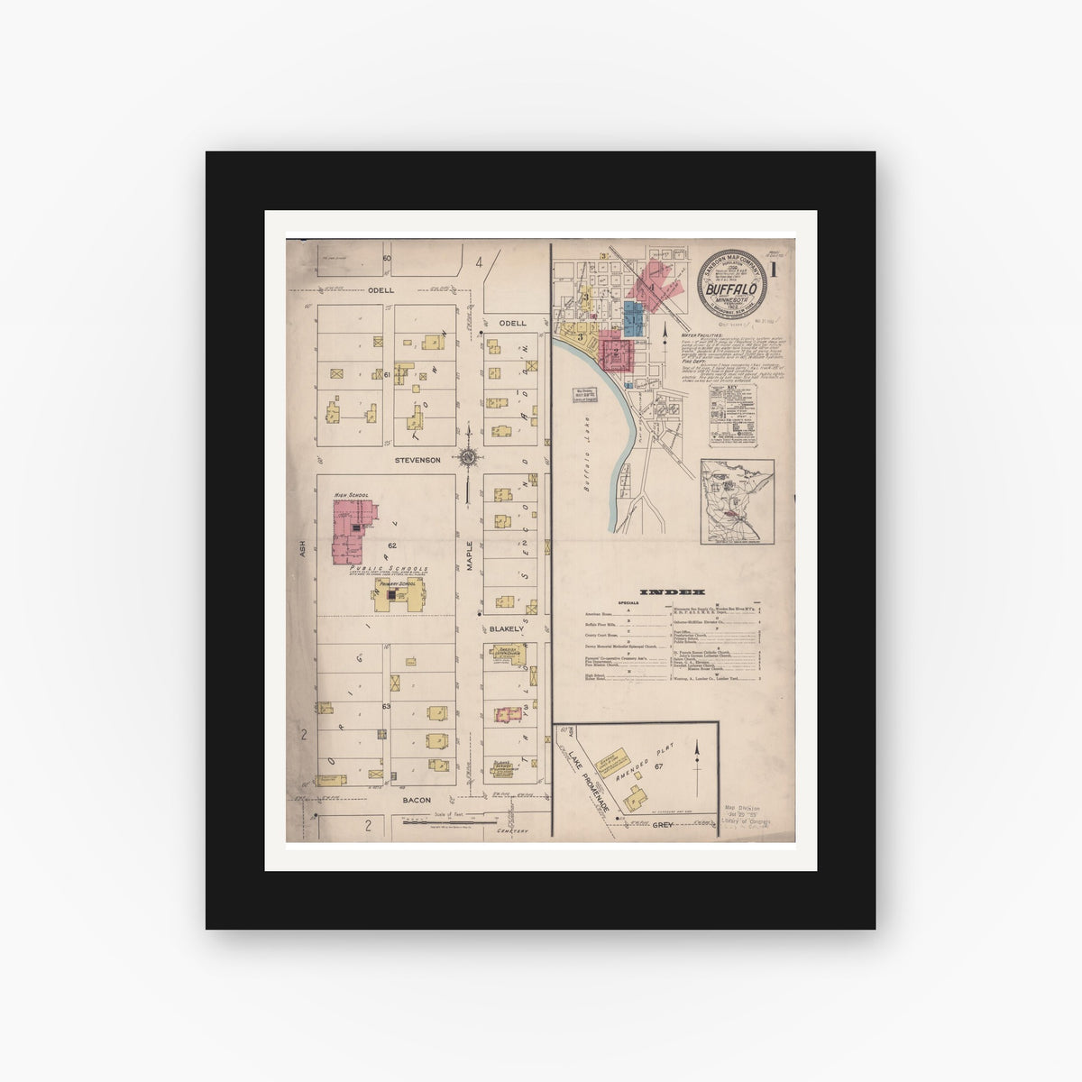 Old map wall art mockup — black gallery frame with white mat — Sanborn Fire Insurance Map from Buffalo, Wright County, Minnesota (1922) - Complete Map Set