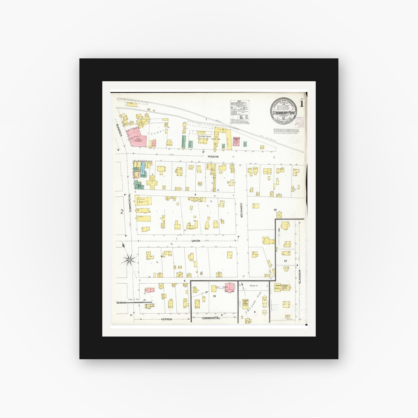 Old map wall art mockup — black gallery frame with white mat — Sanborn Fire Insurance Map from Strawberry Point, Clayton County, Iowa (1902), Sheet #0001