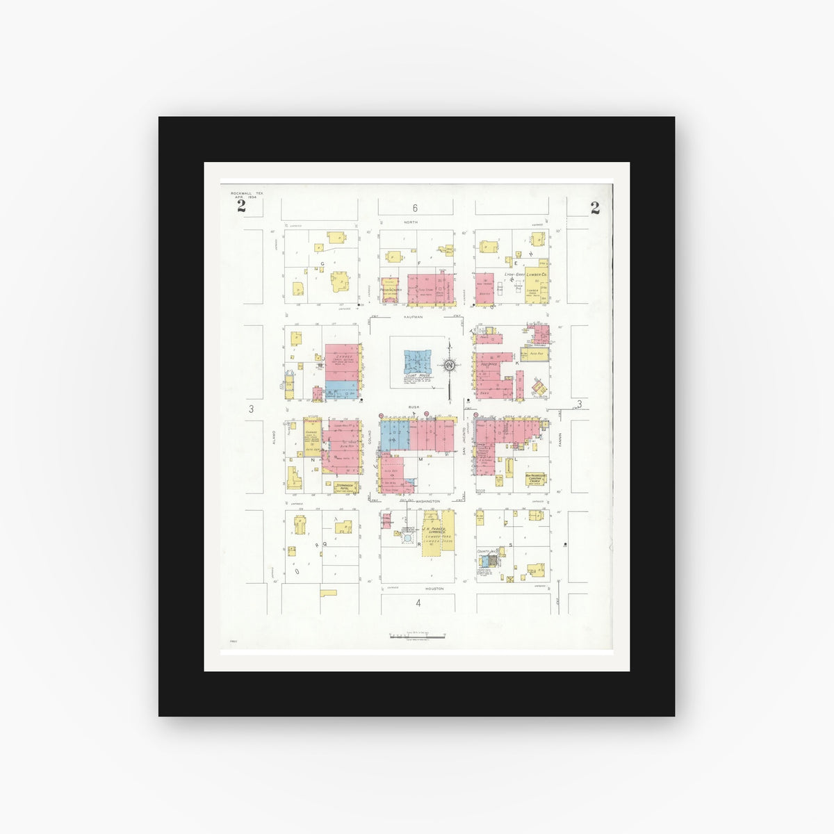 Old map wall art mockup — black gallery frame with white mat — Sanborn Fire Insurance Map from Rockwall, Rockwall County, Texas (1934), Sheet #0002