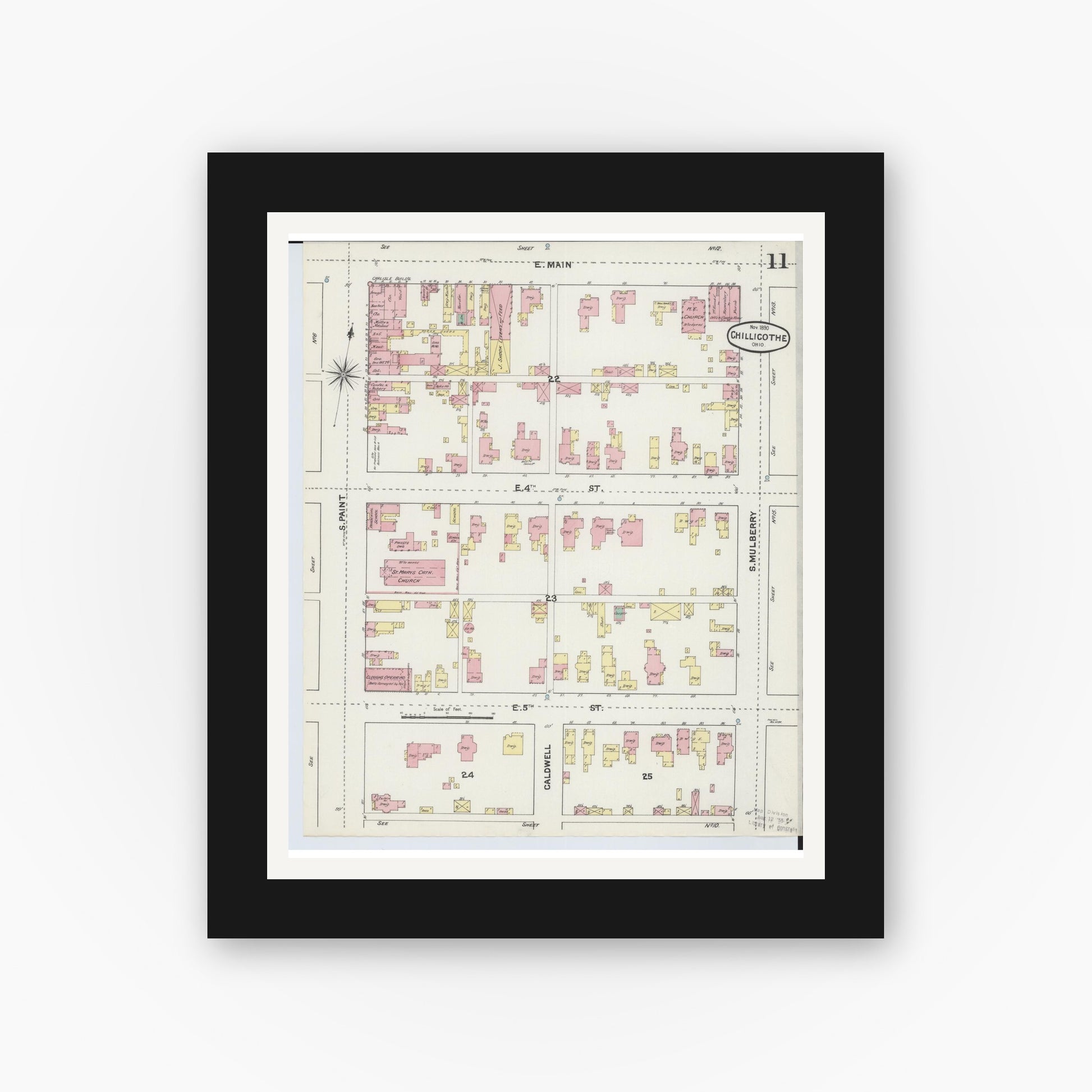 Old map wall art mockup — black gallery frame with white mat — Sanborn Fire Insurance Map from Chillicothe, Ross County, Ohio (1890), Sheet #0011