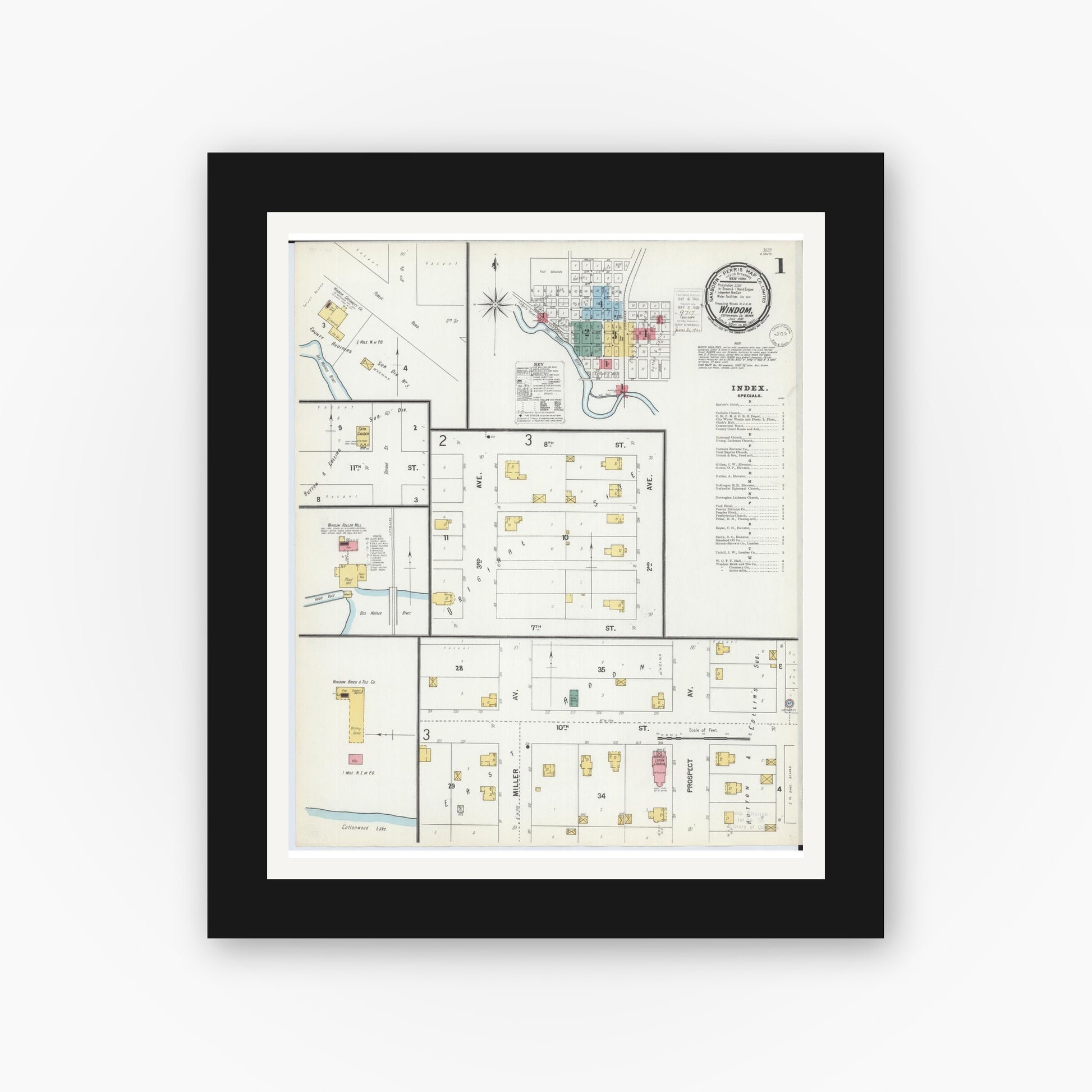 Old map wall art mockup — black gallery frame with white mat — Sanborn Fire Insurance Map from Windom, Cottonwood County, Minnesota (1900) - Complete Map Set