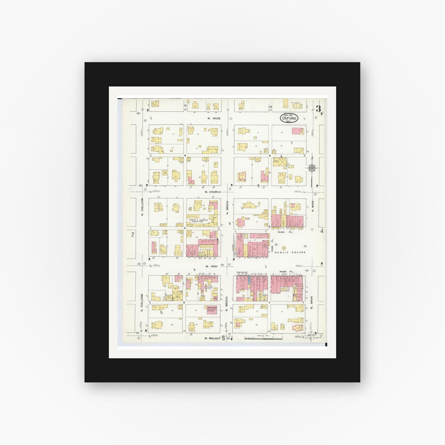 Old map wall art mockup — black gallery frame with white mat — Sanborn Fire Insurance Map from Oxford, Butler County, Ohio (1911), Sheet #0003