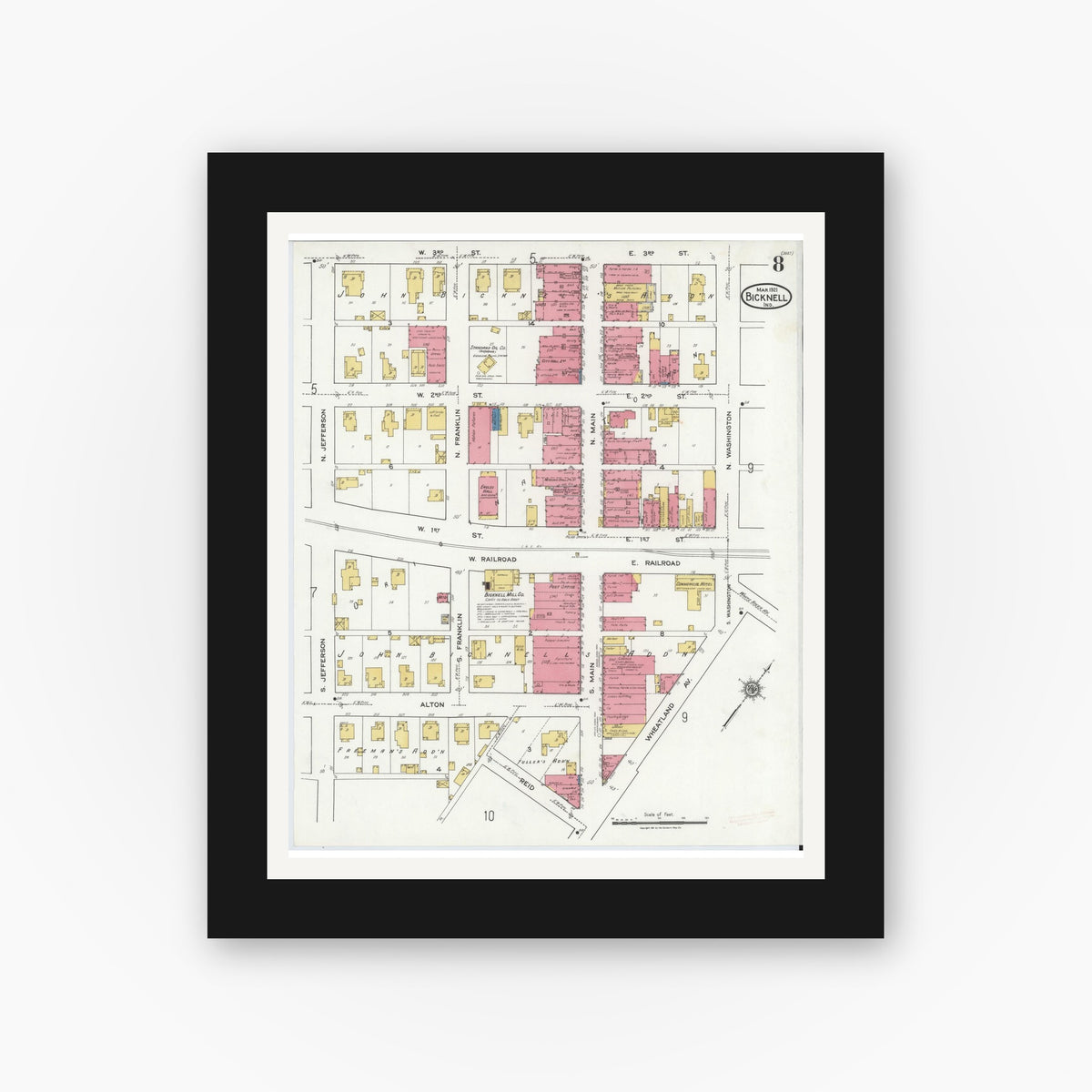 Old map wall art mockup — black gallery frame with white mat — Sanborn Fire Insurance Map from Bicknell, Knox County, Indiana (1921), Sheet #0008