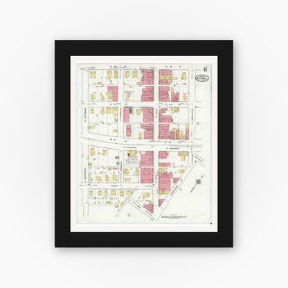 Old map wall art mockup — black gallery frame with white mat — Sanborn Fire Insurance Map from Bicknell, Knox County, Indiana (1921), Sheet #0008
