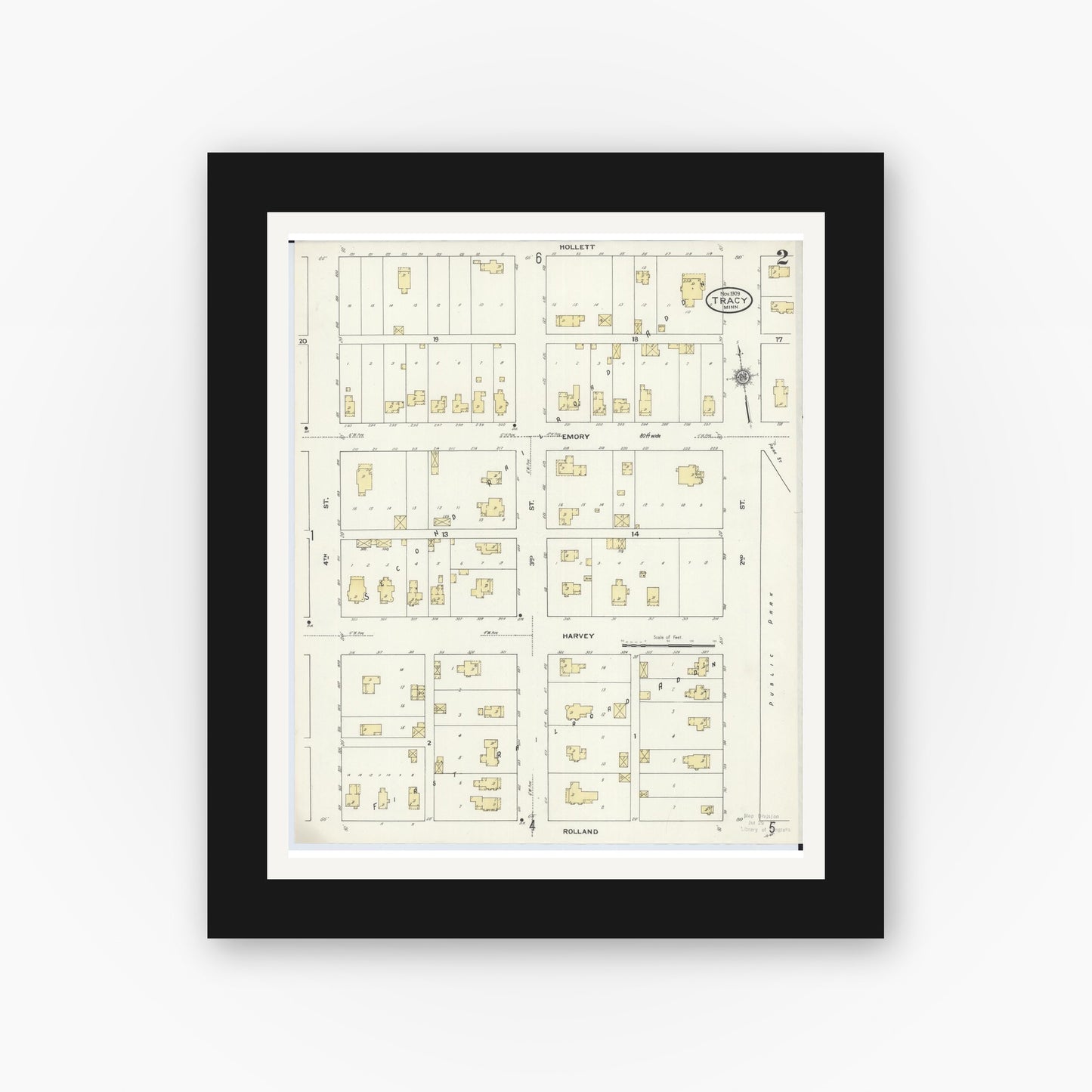Old map wall art mockup — black gallery frame with white mat — Sanborn Fire Insurance Map from Tracy, Lyon County, Minnesota (1909), Sheet #0002