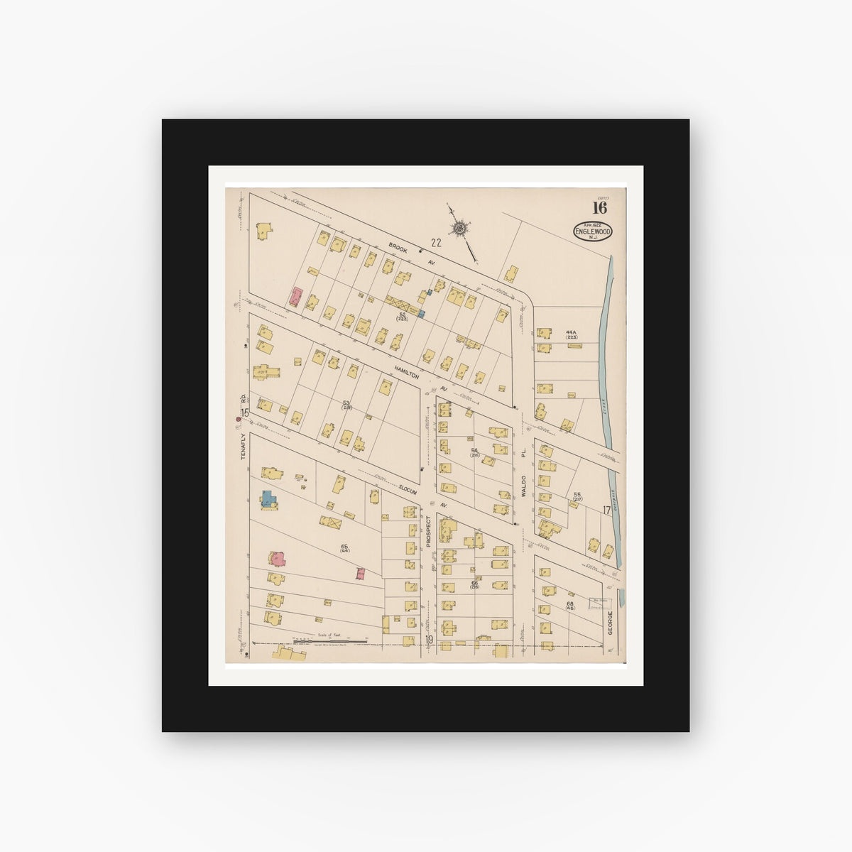 Old map wall art mockup — black gallery frame with white mat — Sanborn Fire Insurance Map from Englewood, Bergen County, New Jersey (1922), Sheet #0016