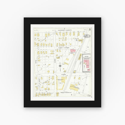 Old map wall art mockup — black gallery frame with white mat — Sanborn Fire Insurance Map from Montpelier, Blackford County, Indiana (1910), Sheet #0005