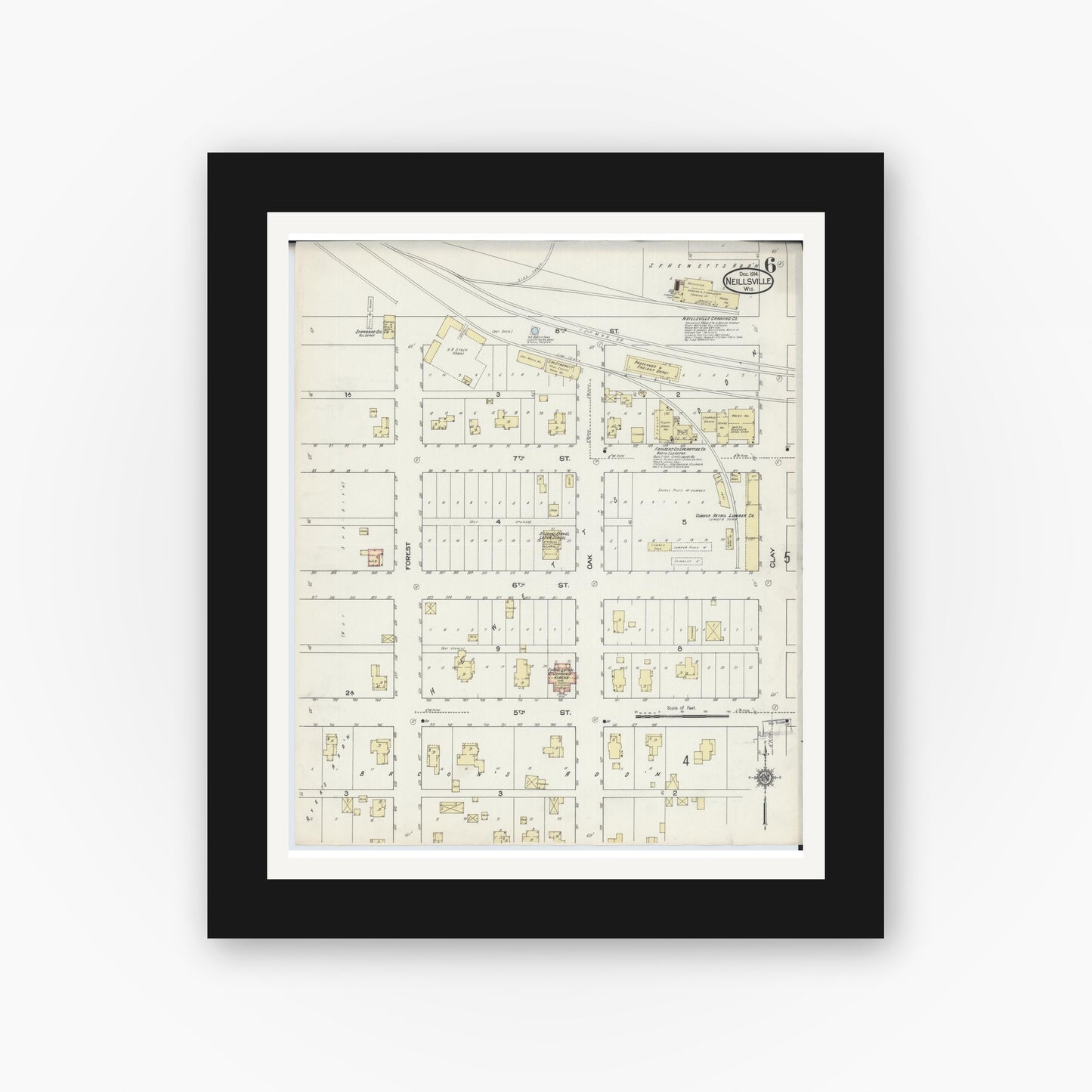 Old map wall art mockup — black gallery frame with white mat — Sanborn Fire Insurance Map from Neillsville, Clark County, Wisconsin (1914), Sheet #0006