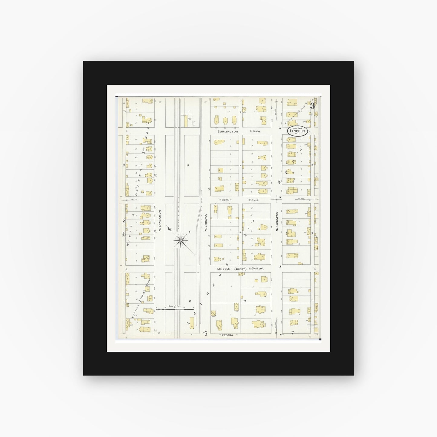 Old map wall art mockup — black gallery frame with white mat — Sanborn Fire Insurance Map from Lincoln, Logan County, Illinois (1909), Sheet #0003