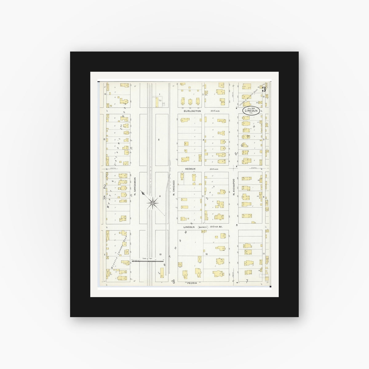 Old map wall art mockup — black gallery frame with white mat — Sanborn Fire Insurance Map from Lincoln, Logan County, Illinois (1909), Sheet #0003