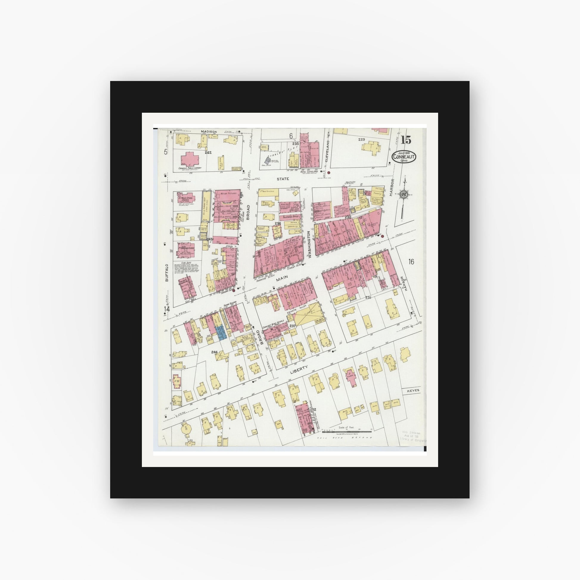 Old map wall art mockup — black gallery frame with white mat — Sanborn Fire Insurance Map from Conneaut, Ashtabula County, Ohio (1919), Sheet #0015