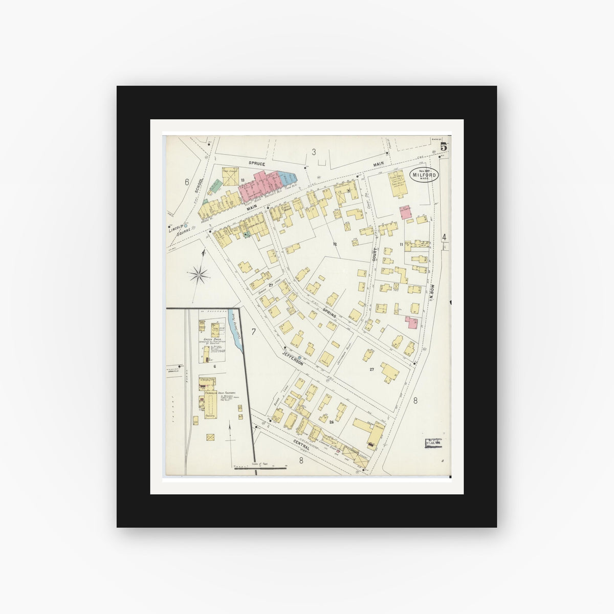 Old map wall art mockup — black gallery frame with white mat — Sanborn Fire Insurance Map from Milford, Worcester County, Massachusetts (1897), Sheet #0005