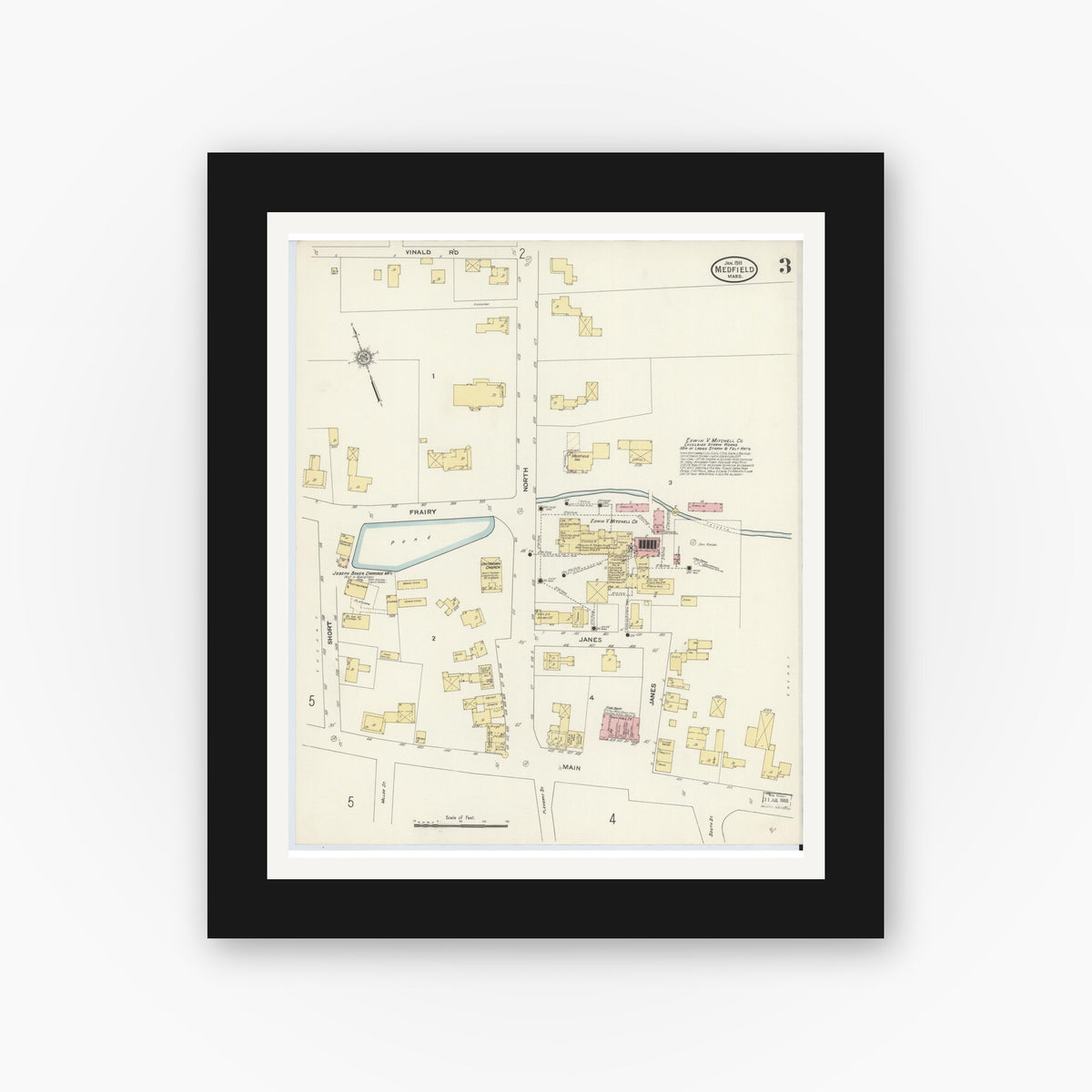 Old map wall art mockup — black gallery frame with white mat — Sanborn Fire Insurance Map from Medfield, Norfolk County, Massachusetts (1911), Sheet #0003