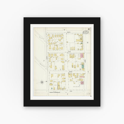 Old map wall art mockup — black gallery frame with white mat — Sanborn Fire Insurance Map from Palatka, Putnam County, Florida (1897), Sheet #0006