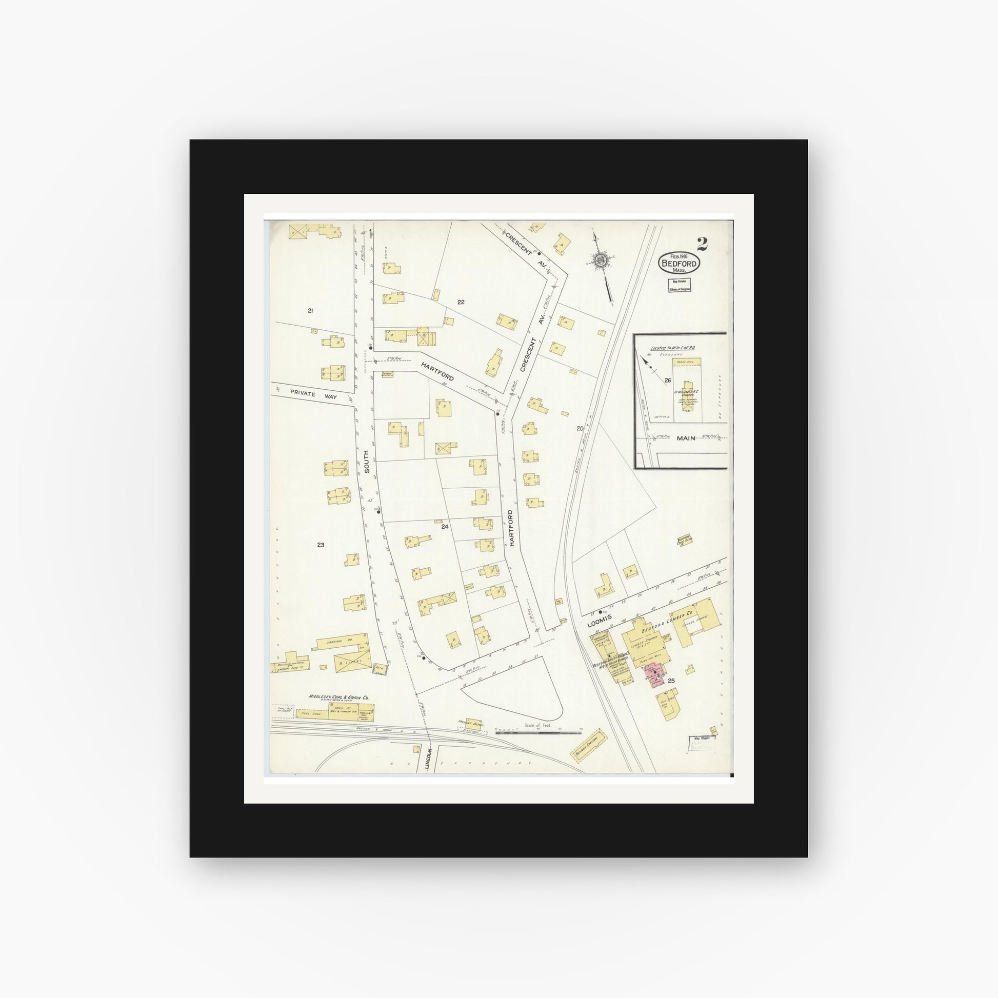 Old map wall art mockup — black gallery frame with white mat — Sanborn Fire Insurance Map from Bedford, Middlesex County, Massachusetts (1916), Sheet #0002