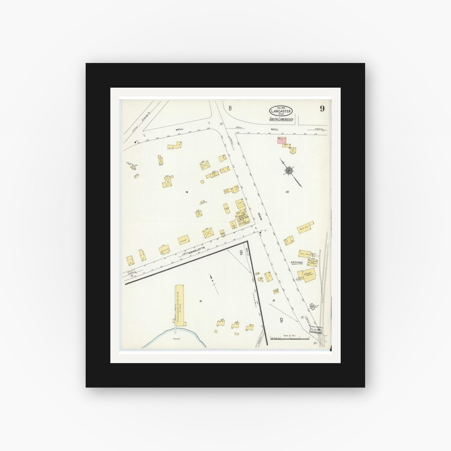 Old map wall art mockup — black gallery frame with white mat — Sanborn Fire Insurance Map from Lancaster, Worcester County, Massachusetts (1910), Sheet #0009