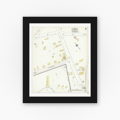Old map wall art mockup — black gallery frame with white mat — Sanborn Fire Insurance Map from Lancaster, Worcester County, Massachusetts (1910), Sheet #0009