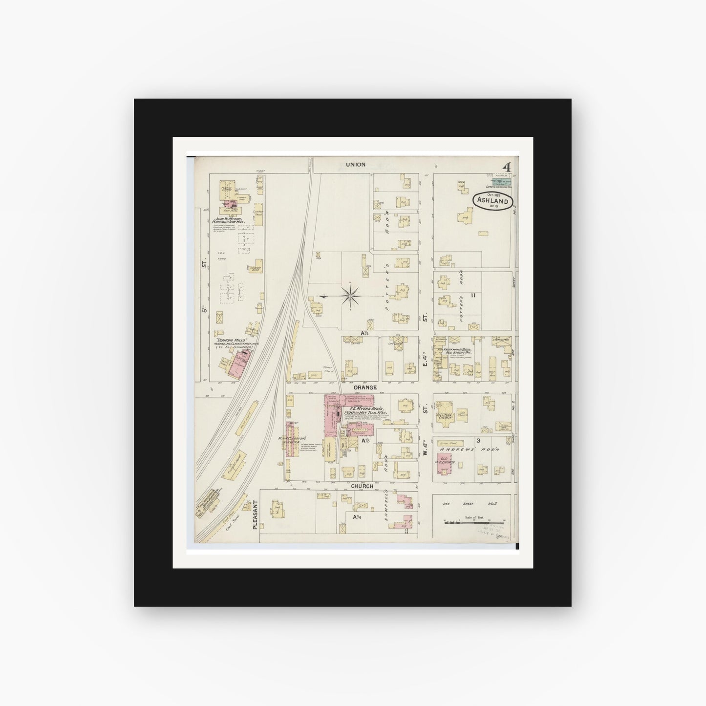 Old map wall art mockup — black gallery frame with white mat — Sanborn Fire Insurance Map from Ashland, Ashland County, Ohio (1888), Sheet #0004